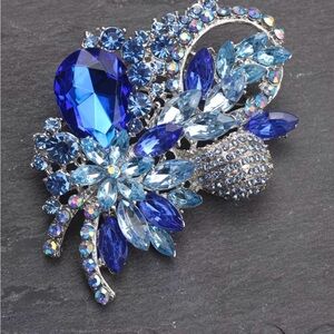Blue Crystal Floral Brooch Pin - Women Jewelry